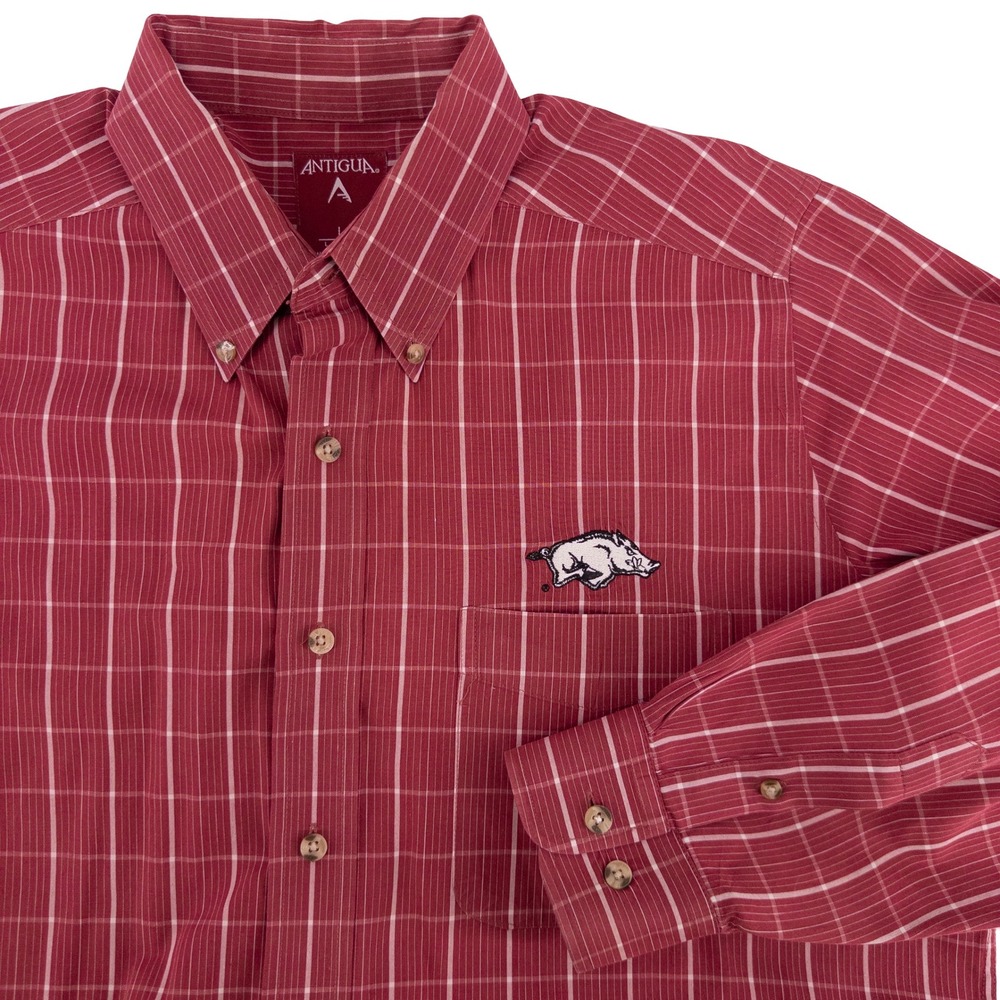 Antigua Arkansas‎ Razorbacks Mens Large Button Down Shirt Red Plaid College NCAA